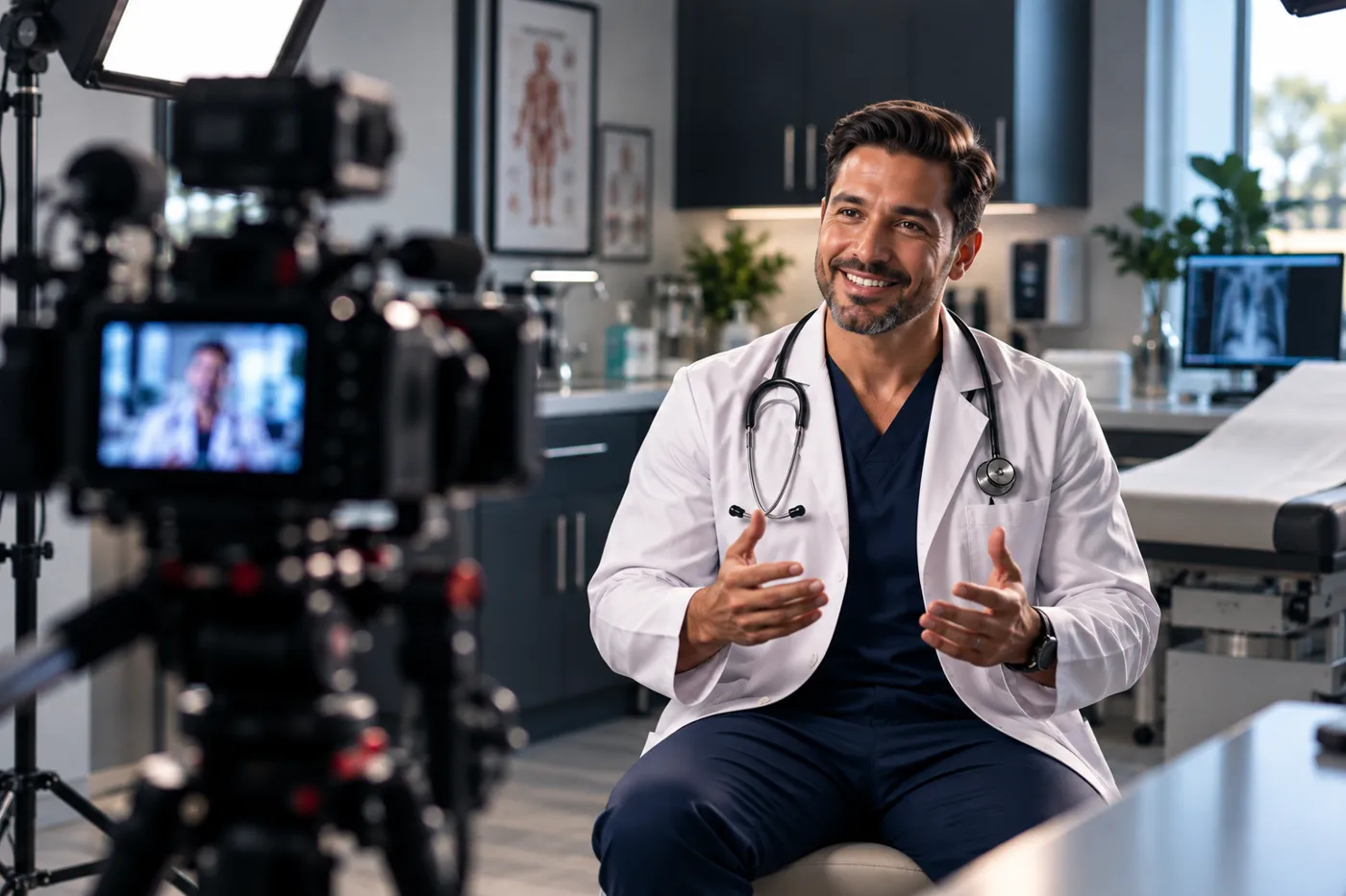 Doctor speaking to camera during a commercial shoot