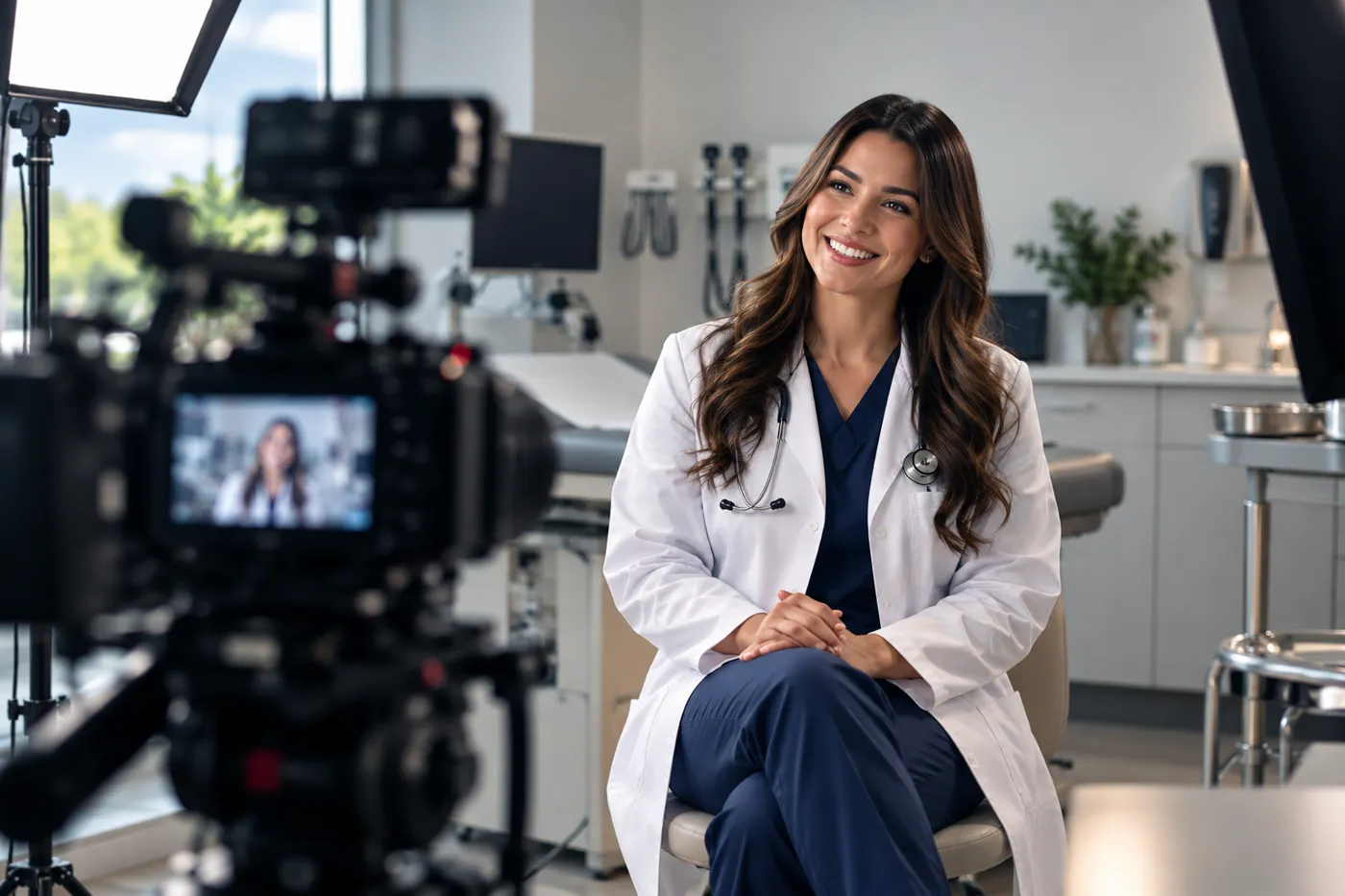 Physician being interviewed on camera in an exam room